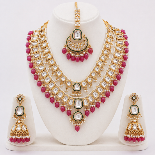 Rania Luxe Kundan Bridal Jewellery Set with Ruby-Pink Beads Jovera Joyce
