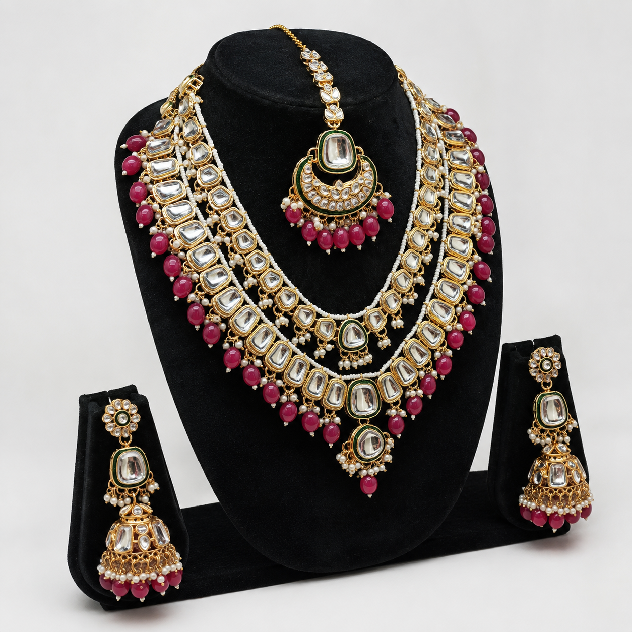 Rania Luxe Kundan Bridal Jewellery Set with Ruby-Pink Beads Jovera Joyce