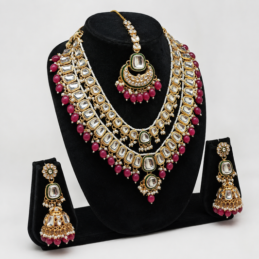 Rania Luxe Kundan Bridal Jewellery Set with Ruby-Pink Beads Jovera Joyce