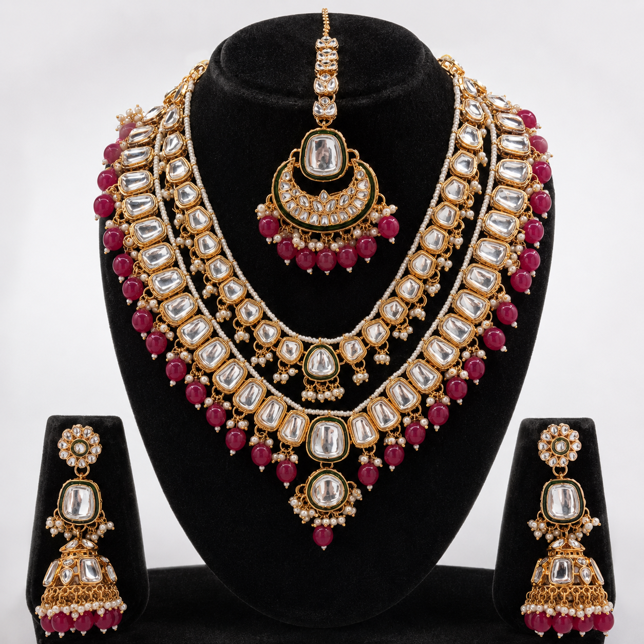 Rania Luxe Kundan Bridal Jewellery Set with Ruby-Pink Beads Jovera Joyce