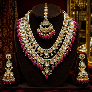 Rania Luxe Kundan Bridal Jewellery Set with Ruby-Pink Beads Jovera Joyce