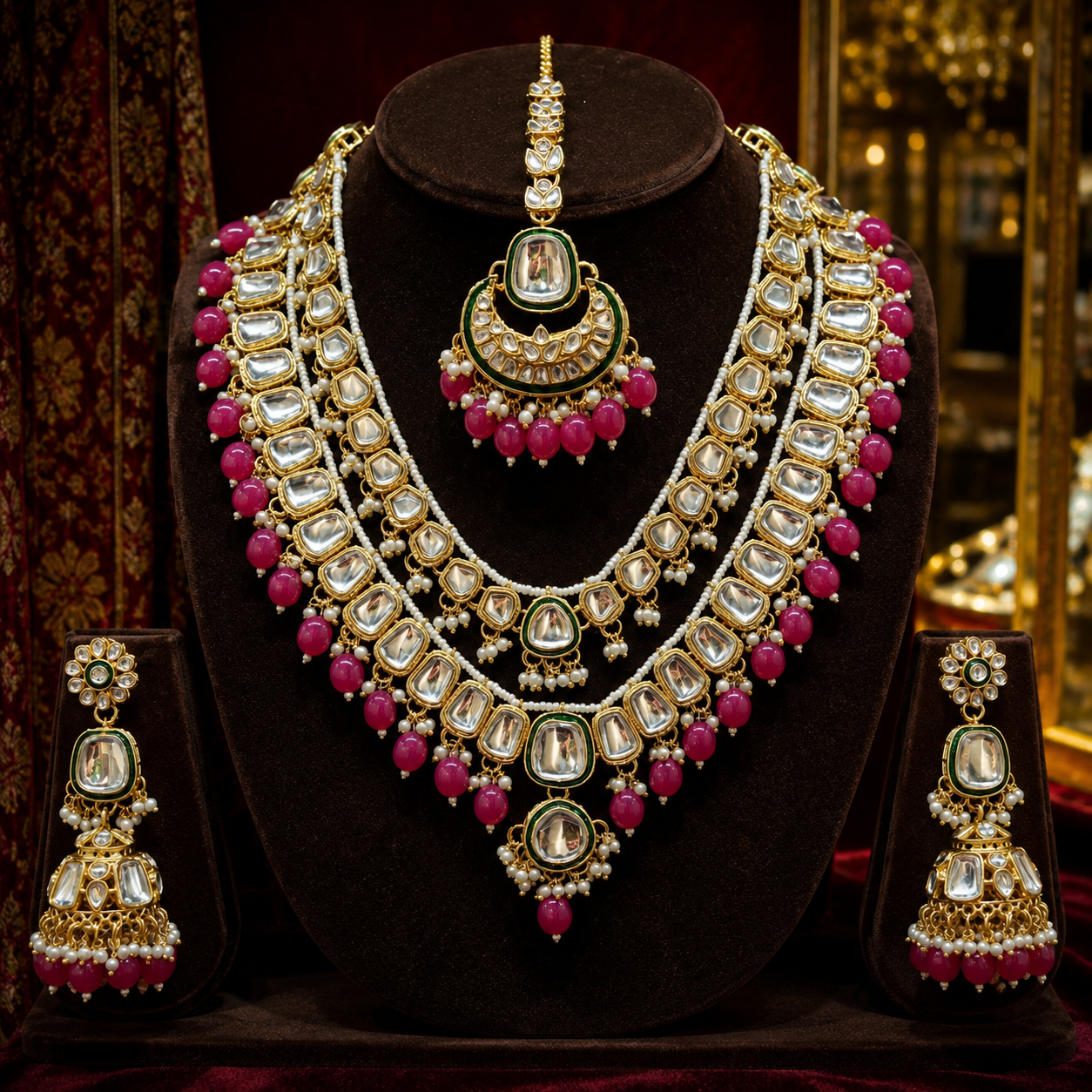 Rania Luxe Kundan Bridal Jewellery Set with Ruby-Pink Beads Jovera Joyce