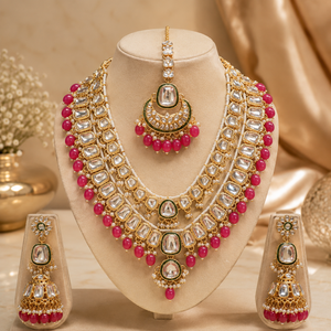 Rania Luxe Kundan Bridal Jewellery Set with Ruby-Pink Beads Jovera Joyce
