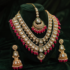 Rania Luxe Kundan Bridal Jewellery Set with Ruby-Pink Beads Jovera Joyce
