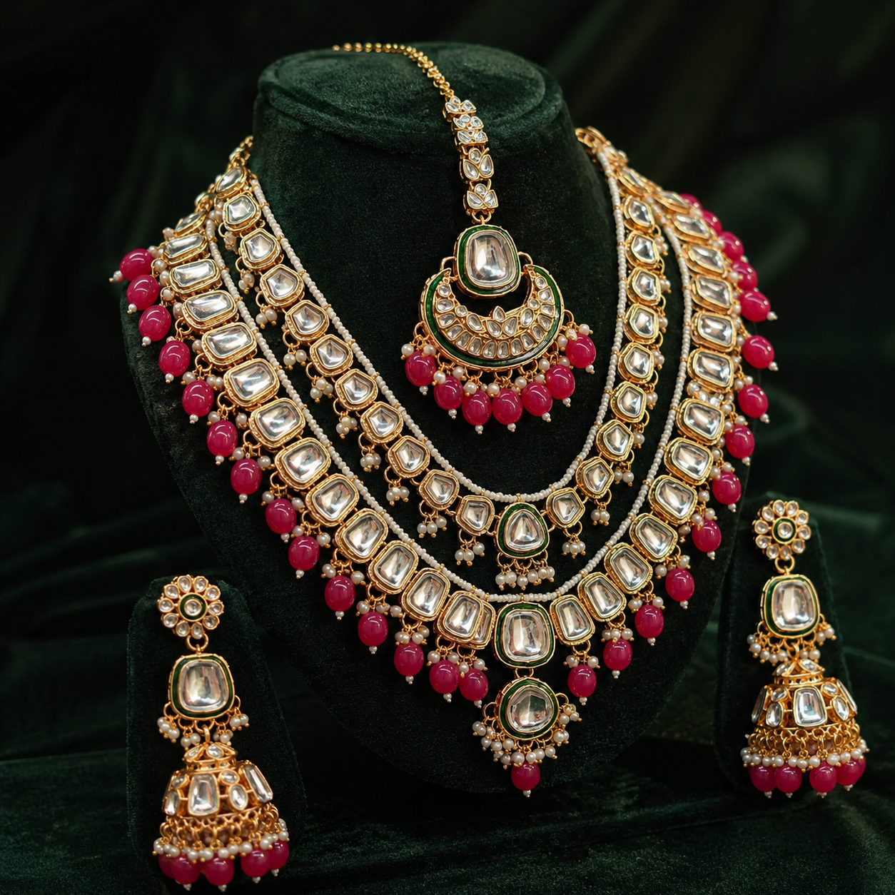 Rania Luxe Kundan Bridal Jewellery Set with Ruby-Pink Beads Jovera Joyce