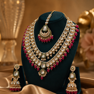 Rania Luxe Kundan Bridal Jewellery Set with Ruby-Pink Beads Jovera Joyce