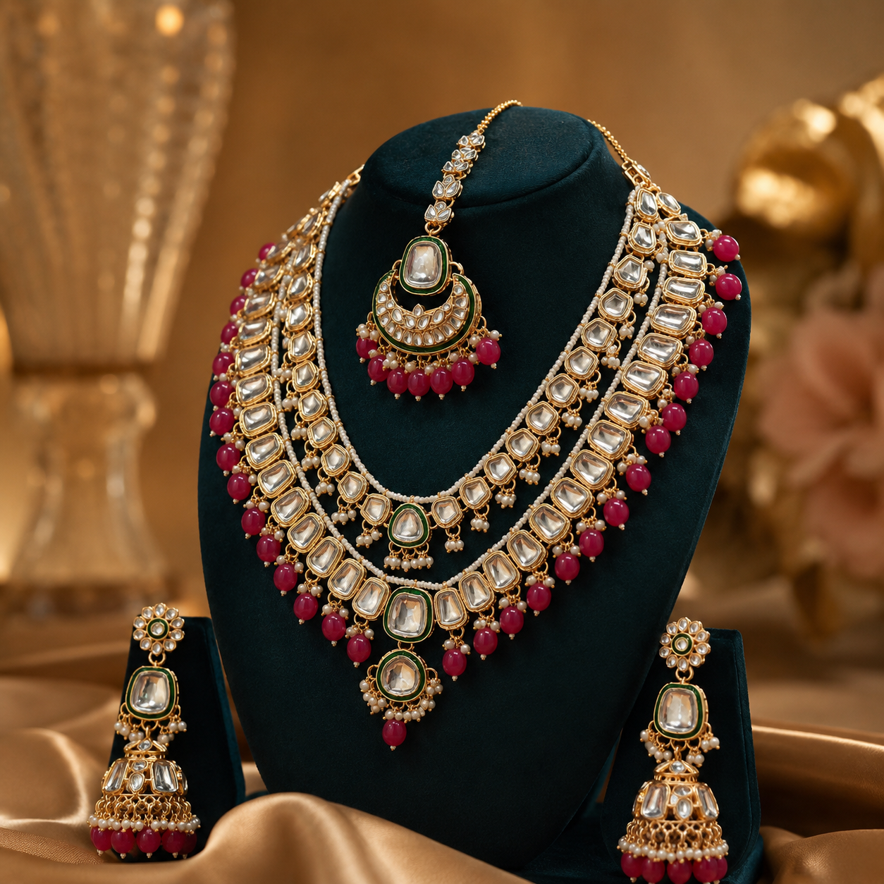 Rania Luxe Kundan Bridal Jewellery Set with Ruby-Pink Beads Jovera Joyce