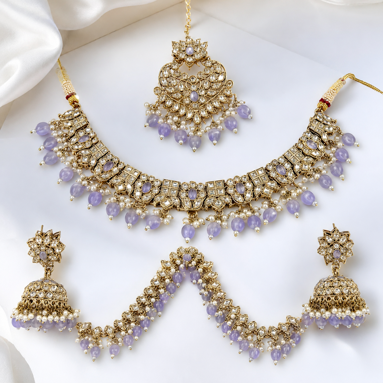 Rosa Vienne Lilac Kundan Choker Jewellery Set with Jhumka Earrings & Maang Tikka Jovera Joyce