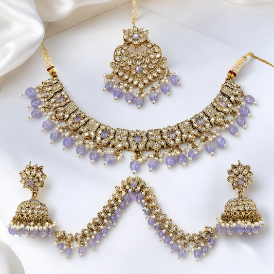Rosa Vienne Lilac Kundan Choker Jewellery Set with Jhumka Earrings & Maang Tikka Jovera Joyce