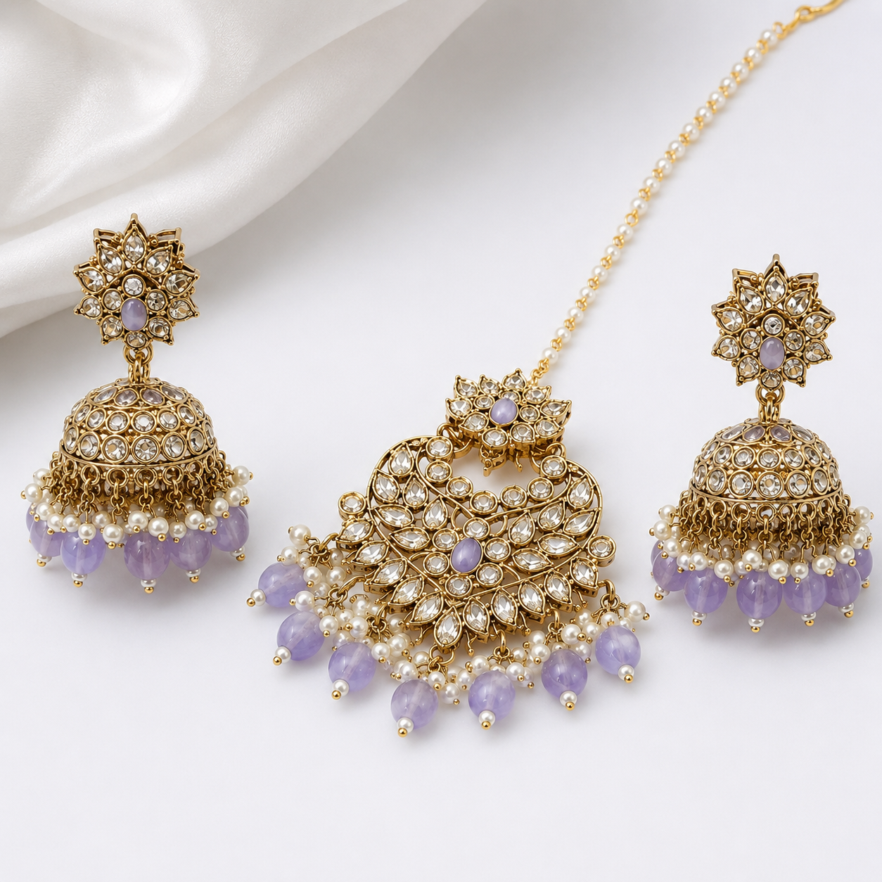 Rosa Vienne Lilac Kundan Choker Jewellery Set with Jhumka Earrings & Maang Tikka Jovera Joyce