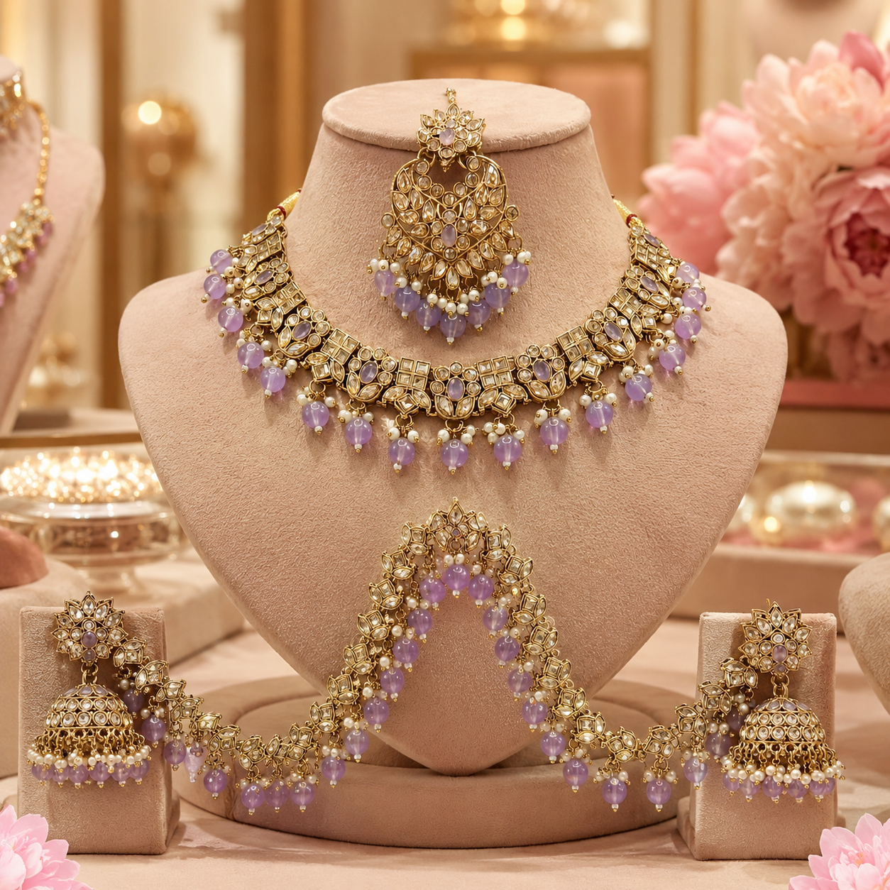 Rosa Vienne Lilac Kundan Choker Jewellery Set with Jhumka Earrings & Maang Tikka Jovera Joyce