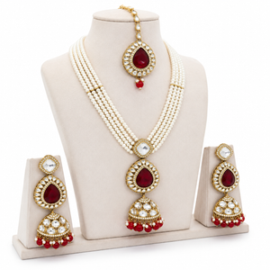 Royal Multi-Strand Pearl Zircon Temple Jewellery Set with Necklace, Earrings &amp; Maang Tikka Jovera Joyce