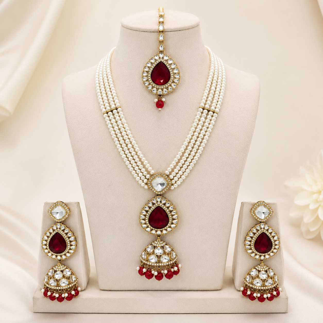 Royal Multi-Strand Pearl Zircon Temple Jewellery Set with Necklace, Earrings &amp; Maang Tikka Jovera Joyce