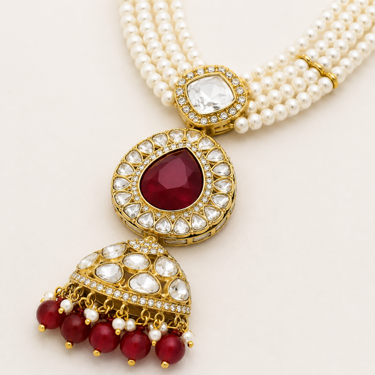 Royal Multi-Strand Pearl Zircon Temple Jewellery Set with Necklace, Earrings &amp; Maang Tikka Jovera Joyce