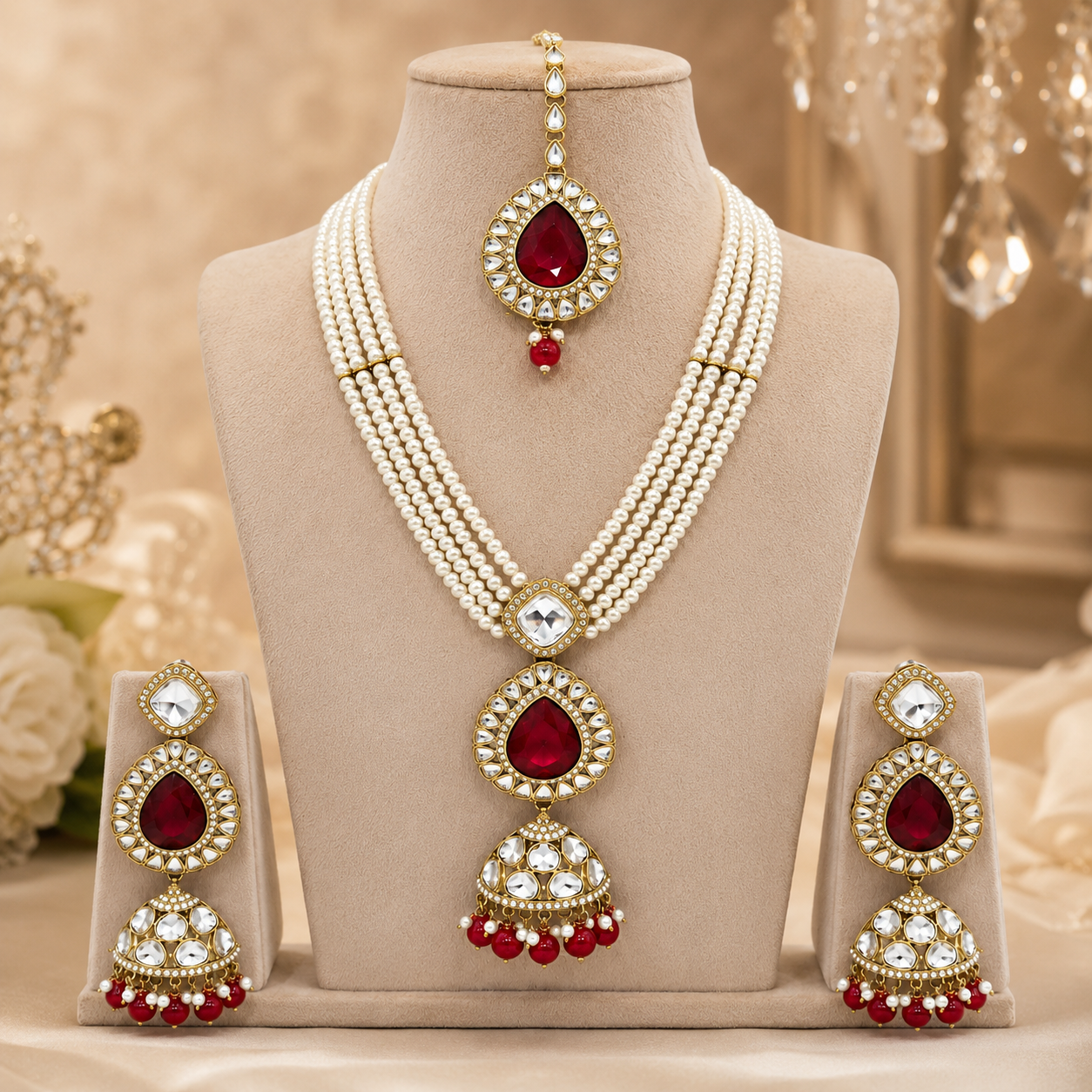 Royal Multi-Strand Pearl Zircon Temple Jewellery Set with Necklace, Earrings &amp; Maang Tikka Jovera Joyce