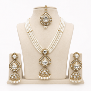 Royal Multi-Strand Pearl Zircon Temple Jewellery Set with Necklace, Earrings &amp; Maang Tikka Jovera Joyce