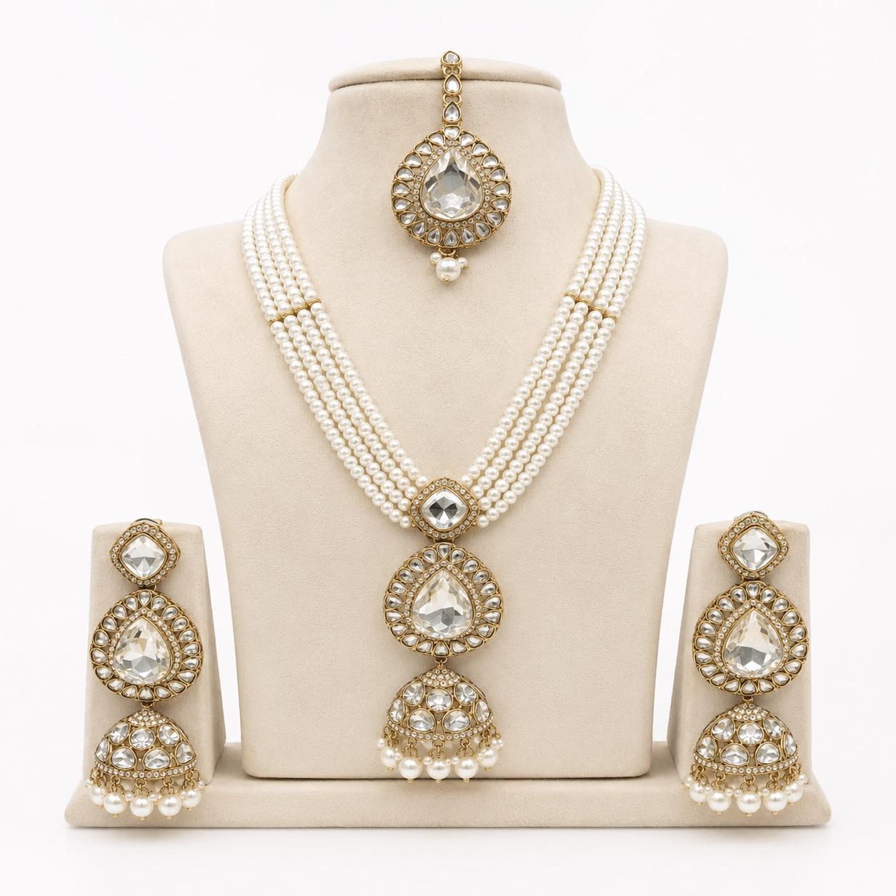 Royal Multi-Strand Pearl Zircon Temple Jewellery Set with Necklace, Earrings &amp; Maang Tikka Jovera Joyce