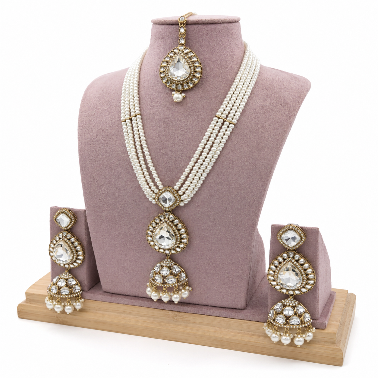 Royal Multi-Strand Pearl Zircon Temple Jewellery Set with Necklace, Earrings &amp; Maang Tikka Jovera Joyce