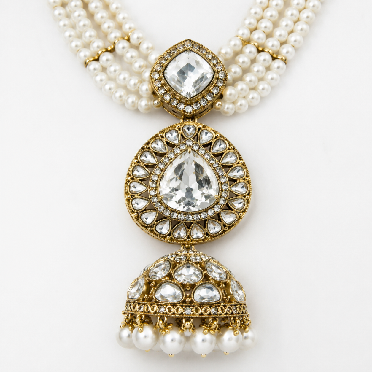 Royal Multi-Strand Pearl Zircon Temple Jewellery Set with Necklace, Earrings &amp; Maang Tikka Jovera Joyce