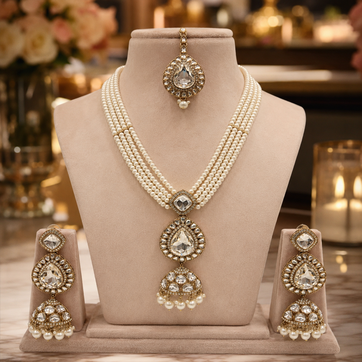 Royal Multi-Strand Pearl Zircon Temple Jewellery Set with Necklace, Earrings &amp; Maang Tikka Jovera Joyce