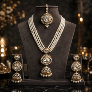 Royal Multi-Strand Pearl Zircon Temple Jewellery Set with Necklace, Earrings &amp; Maang Tikka Jovera Joyce