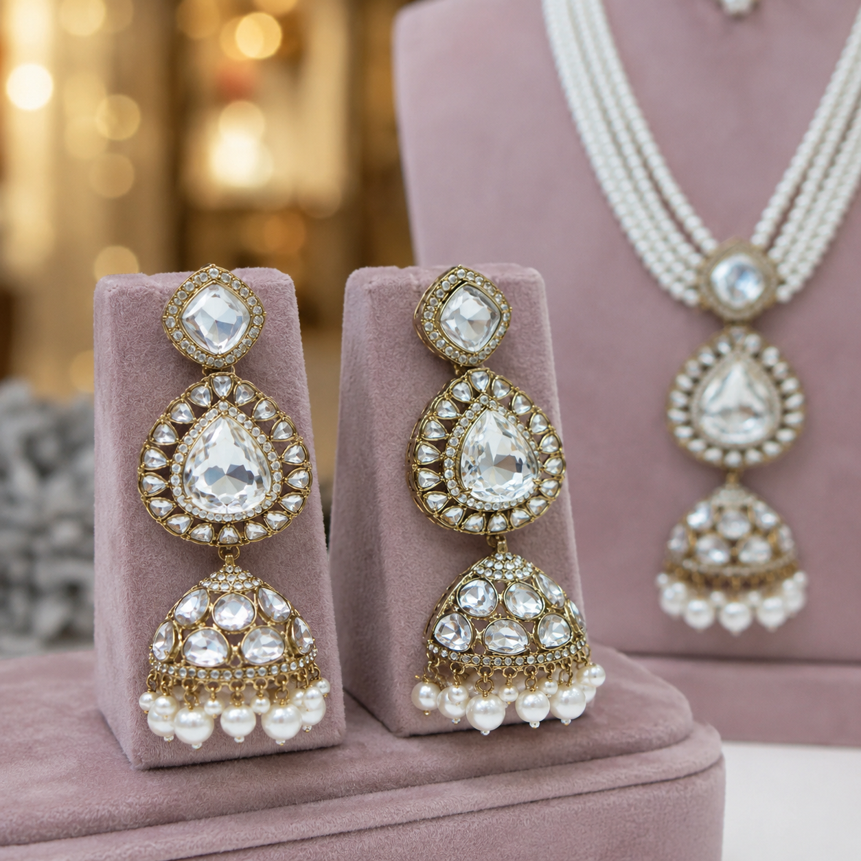 Royal Multi-Strand Pearl Zircon Temple Jewellery Set with Necklace, Earrings &amp; Maang Tikka Jovera Joyce
