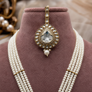 Royal Multi-Strand Pearl Zircon Temple Jewellery Set with Necklace, Earrings &amp; Maang Tikka Jovera Joyce
