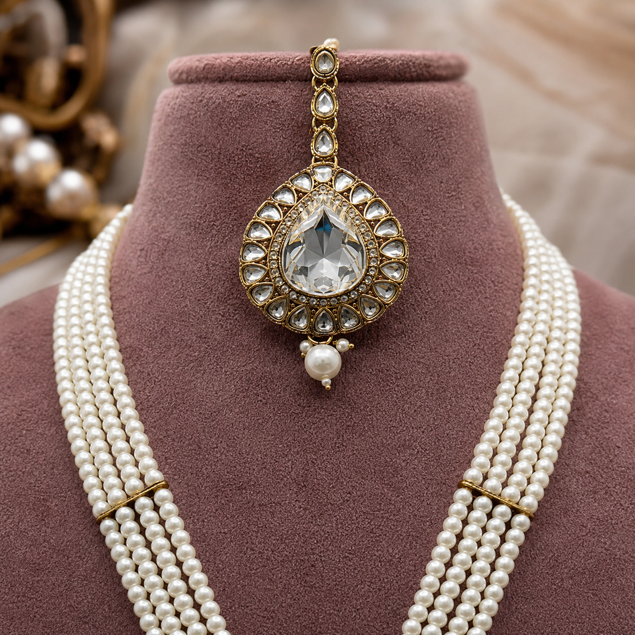 Royal Multi-Strand Pearl Zircon Temple Jewellery Set with Necklace, Earrings &amp; Maang Tikka Jovera Joyce