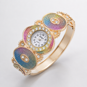 Luxury Rainbow Crystal Bangle Watch for Women – Gold-Tone Statement Bracelet Watch Jovera Joyce
