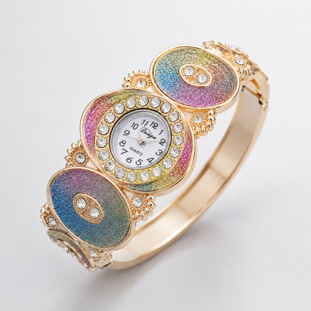 Luxury Rainbow Crystal Bangle Watch for Women – Gold-Tone Statement Bracelet Watch Jovera Joyce