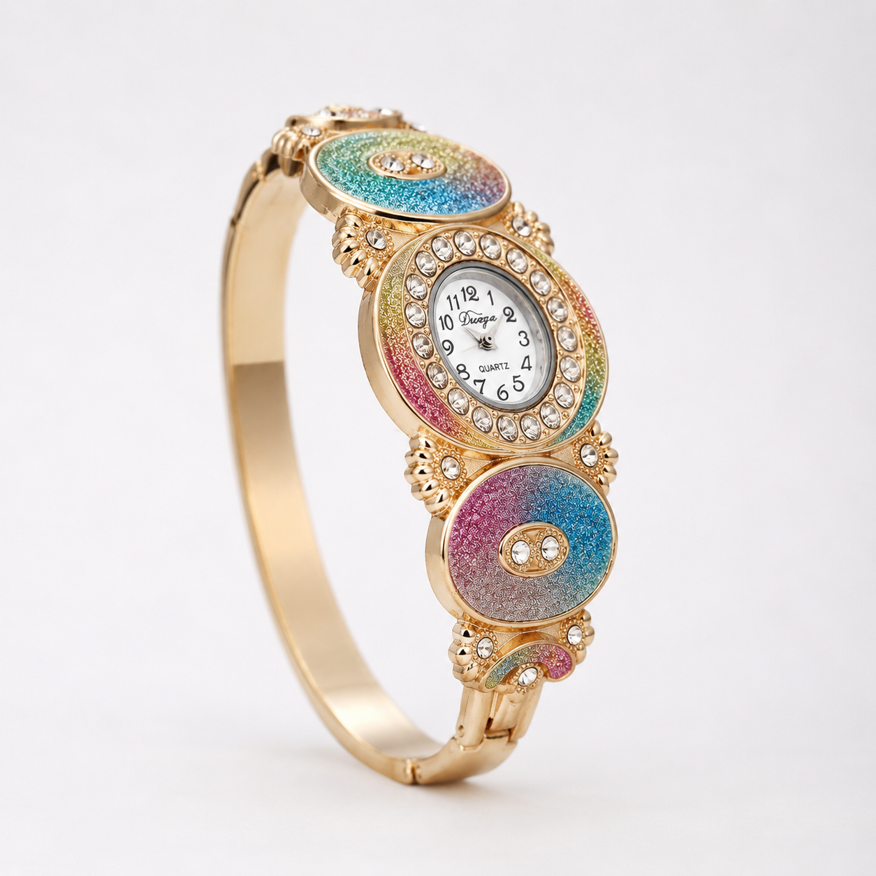 Luxury Rainbow Crystal Bangle Watch for Women – Gold-Tone Statement Bracelet Watch Jovera Joyce