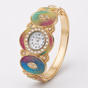 Luxury Rainbow Crystal Bangle Watch for Women – Gold-Tone Statement Bracelet Watch Jovera Joyce
