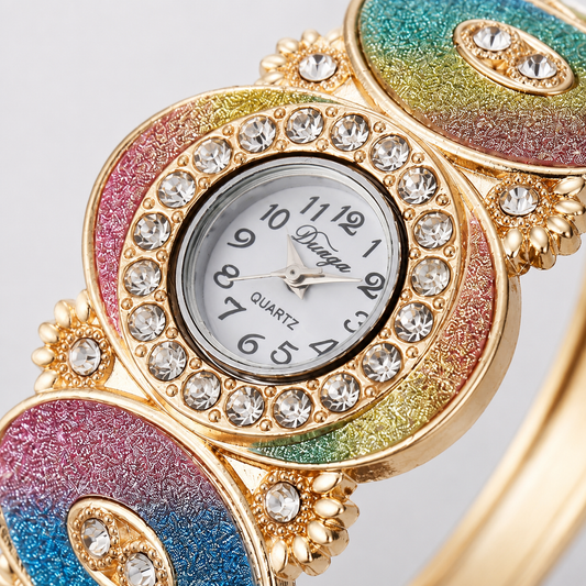 Luxury Rainbow Crystal Bangle Watch for Women – Gold-Tone Statement Bracelet Watch Jovera Joyce