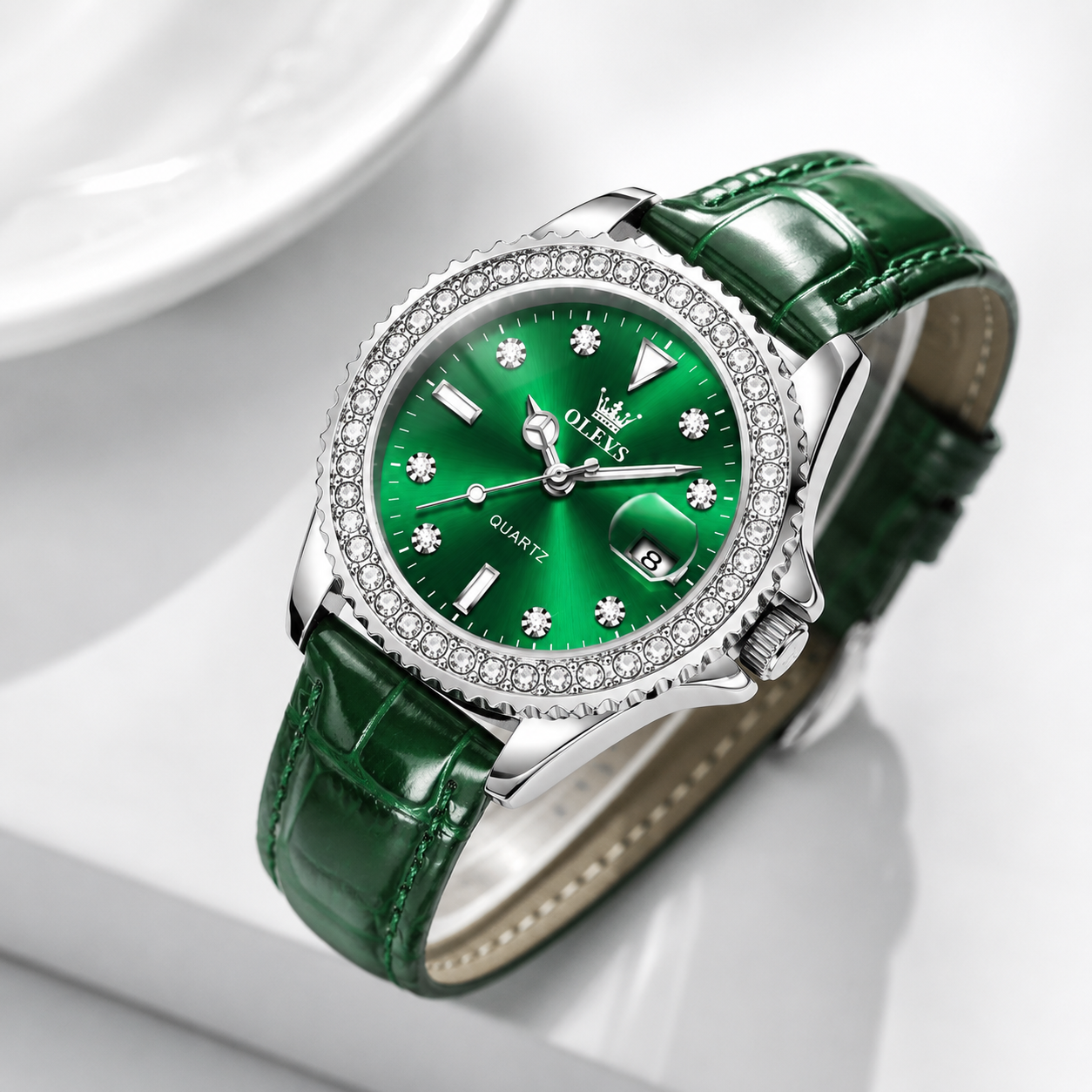 OLEVS Luxury Women’s Quartz Watch with Crystal Bezel. Jovera Joyce