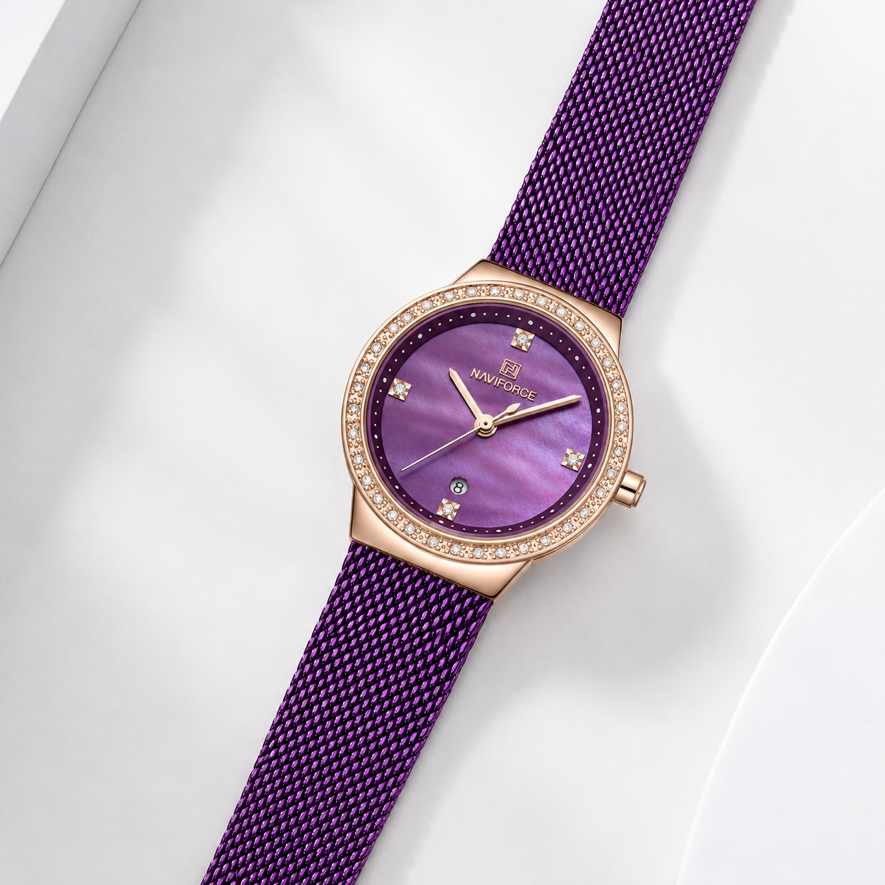 NAVIFORCE Luxury Crystal Bezel Women’s Mesh Bracelet Watch Jovera Joyce