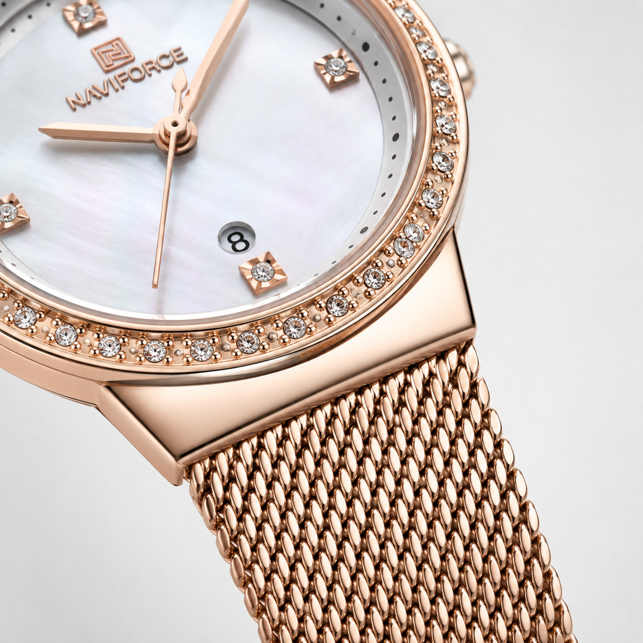 NAVIFORCE Luxury Crystal Bezel Women’s Mesh Bracelet Watch Jovera Joyce