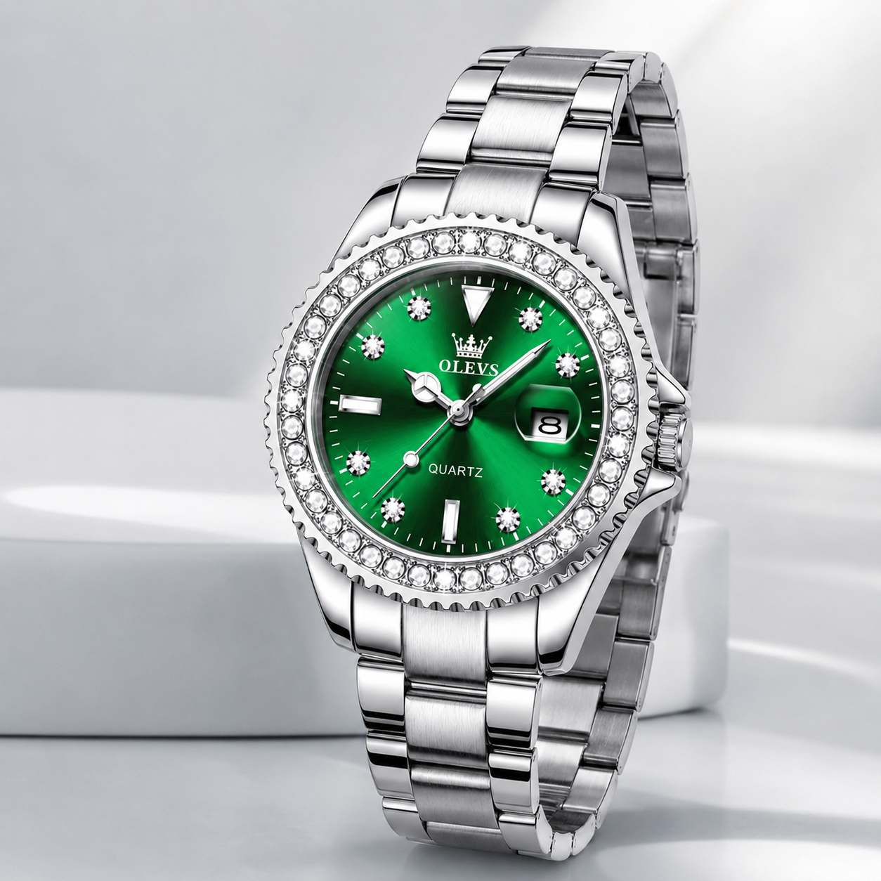 OLEVS Luxury Women’s Quartz Watch with Crystal Bezel. Jovera Joyce