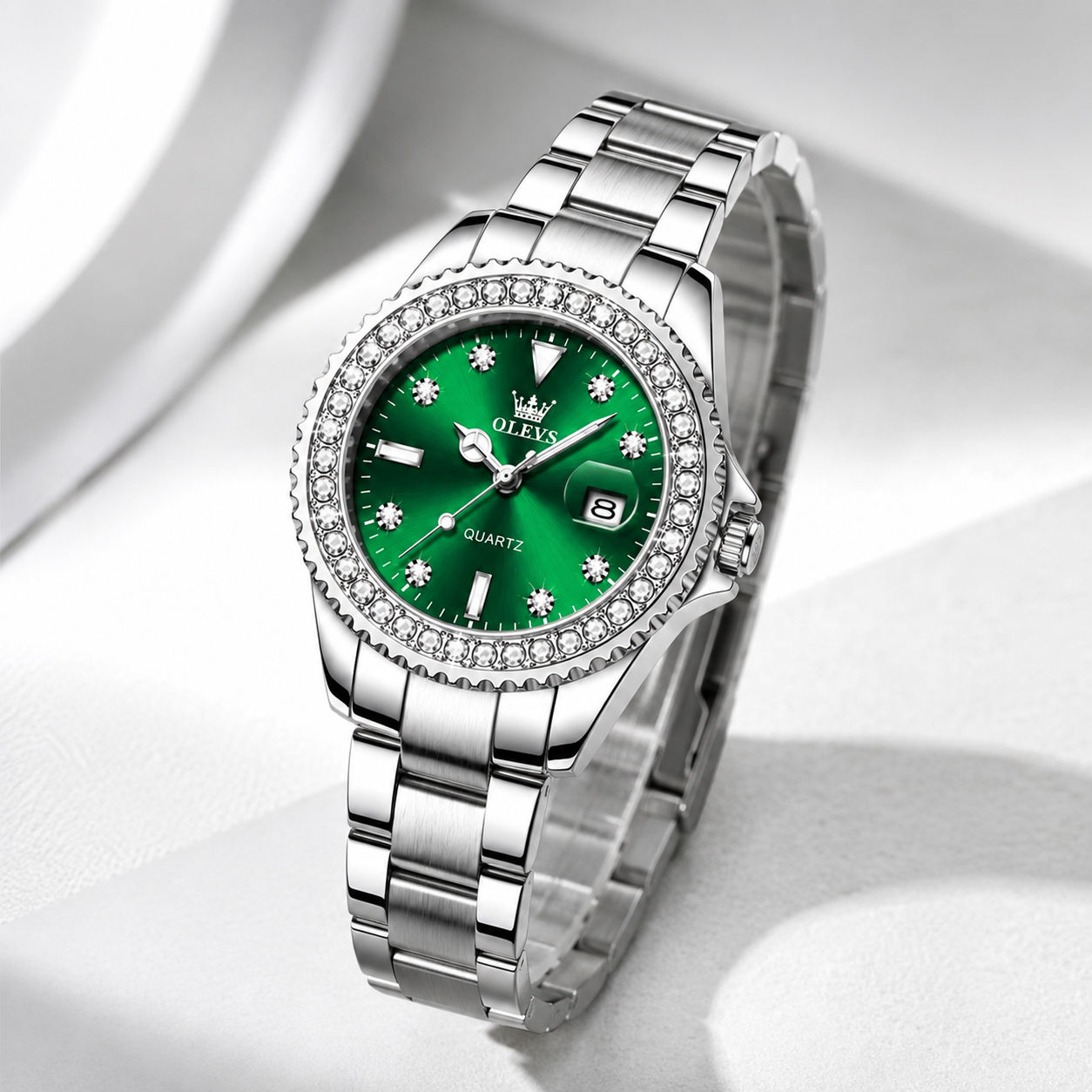 OLEVS Luxury Women’s Quartz Watch with Crystal Bezel. Jovera Joyce