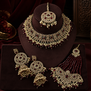 Gold Plated Pearl Bridal Shadow Choker Necklace Set Earrings Maang Tikka Ethnic Trendy Handmade High Quality Latest Party Jovera Joyce