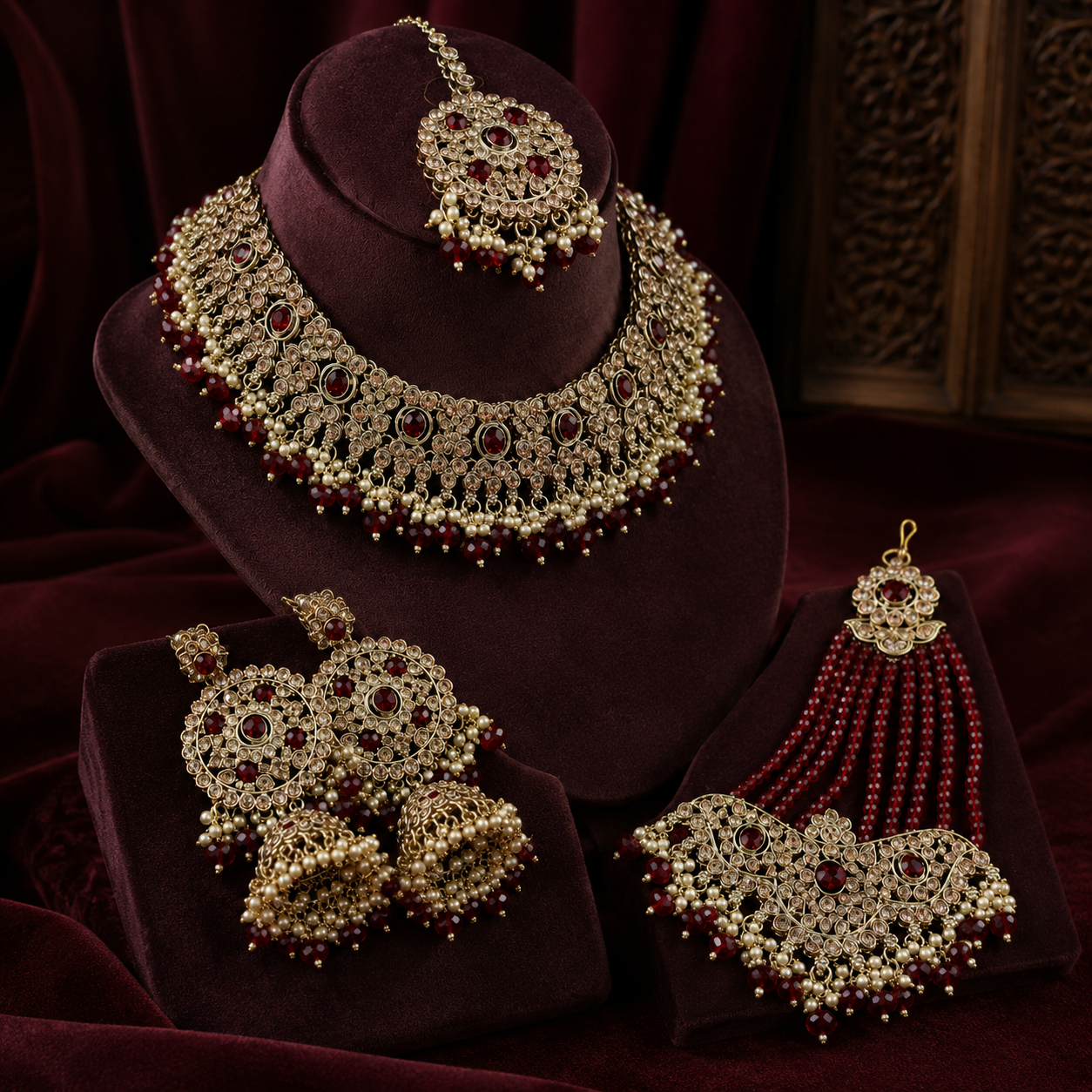 Gold Plated Pearl Bridal Shadow Choker Necklace Set Earrings Maang Tikka Ethnic Trendy Handmade High Quality Latest Party Jovera Joyce