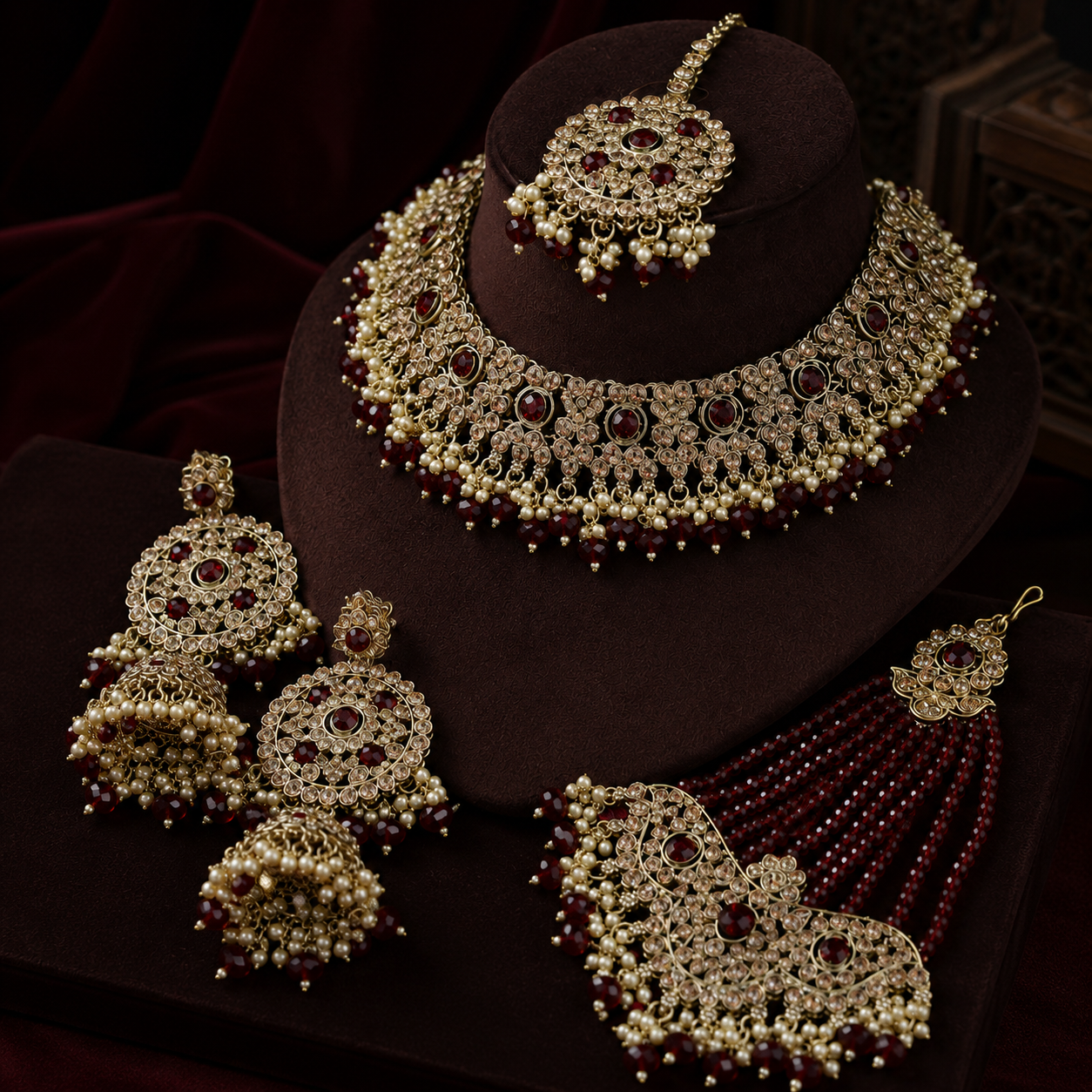 Gold Plated Pearl Bridal Shadow Choker Necklace Set Earrings Maang Tikka Ethnic Trendy Handmade High Quality Latest Party Jovera Joyce
