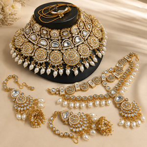 Traditional Religious High Quality Gold Plated Alloy Quartz Pearl Kundan Necklace Set Earrings Tikka/Nath Third Party Certified Jovera Joyce