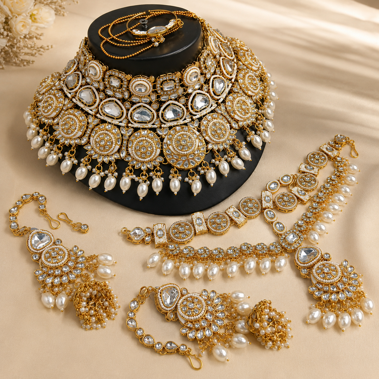 Traditional Religious High Quality Gold Plated Alloy Quartz Pearl Kundan Necklace Set Earrings Tikka/Nath Third Party Certified Jovera Joyce