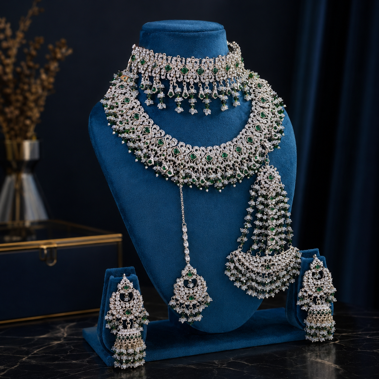 Jovera Joyce Emerald Green Stone Gold Plated Royal Heritage Bridal Jewelry Set Jovera Joyce