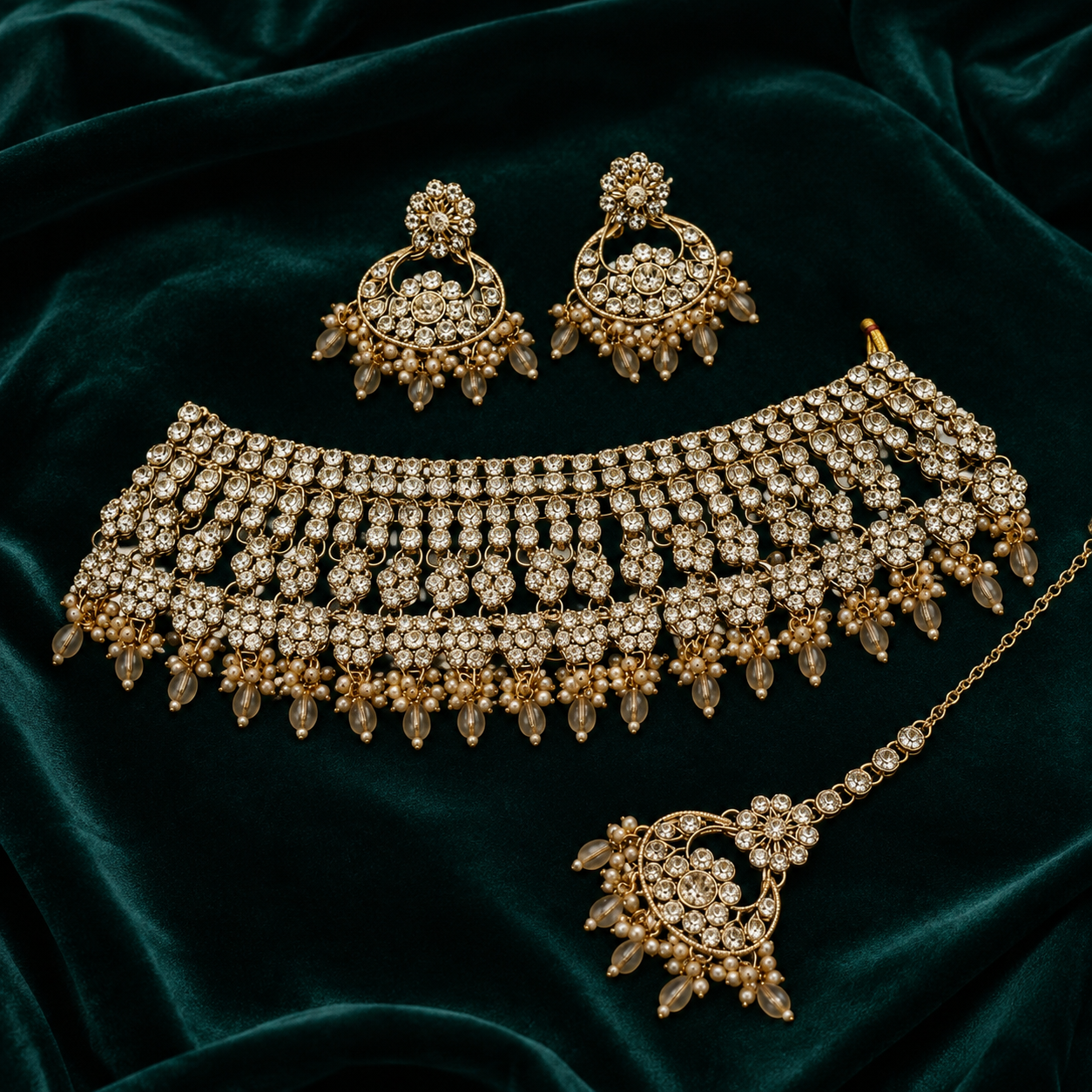 Jovera Joyce Royal Pearl Drop Zircon Gold Plated Bridal Choker Set Jovera Joyce