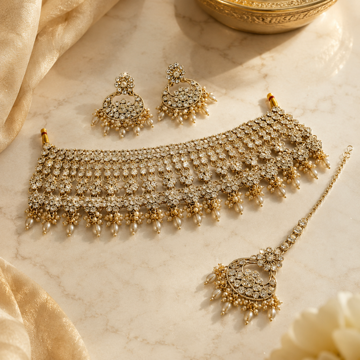 Jovera Joyce Royal Pearl Drop Zircon Gold Plated Bridal Choker Set Jovera Joyce