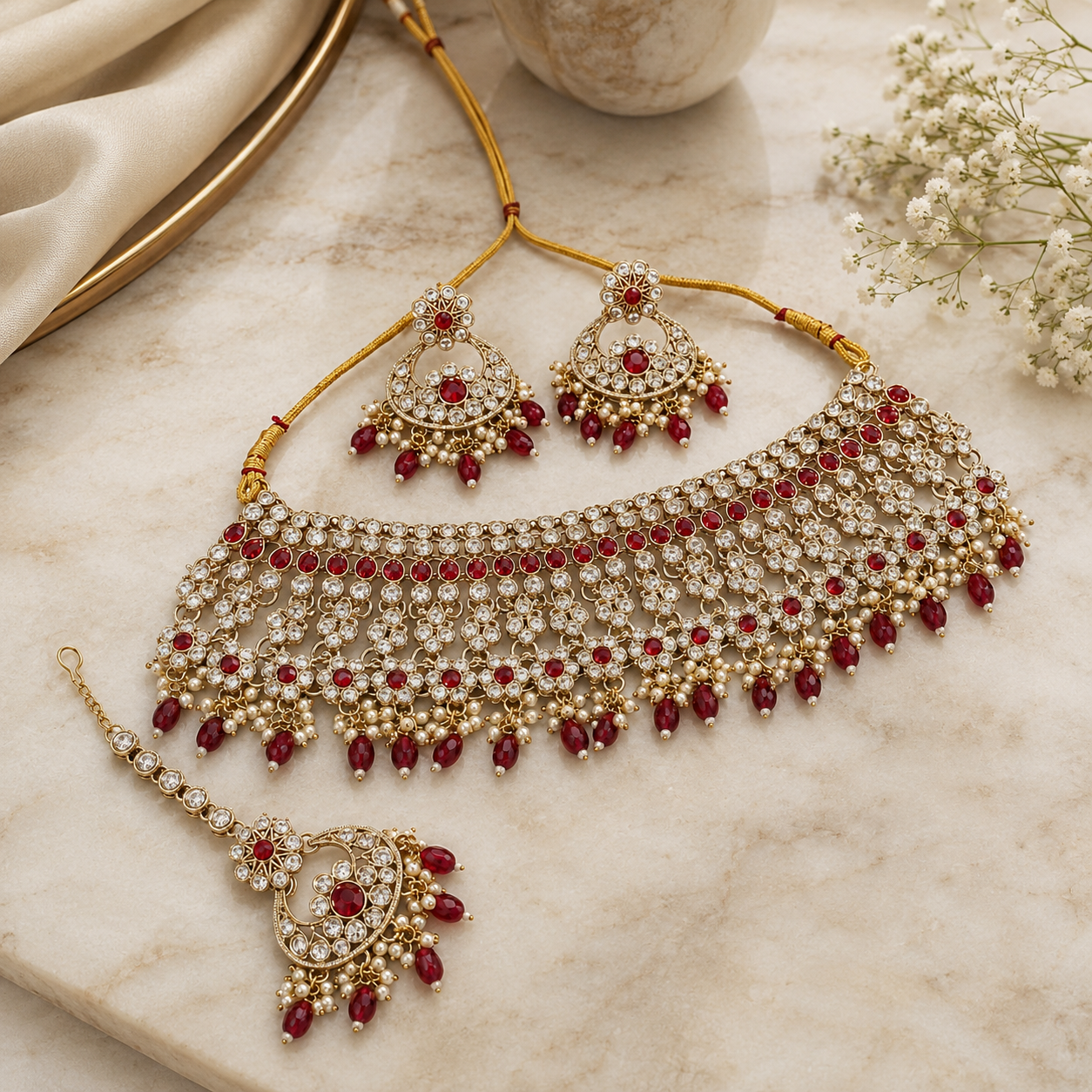 Jovera Joyce Ruby Red Zircon Gold Plated Royal Bridal Choker Jewelry Set Jovera Joyce