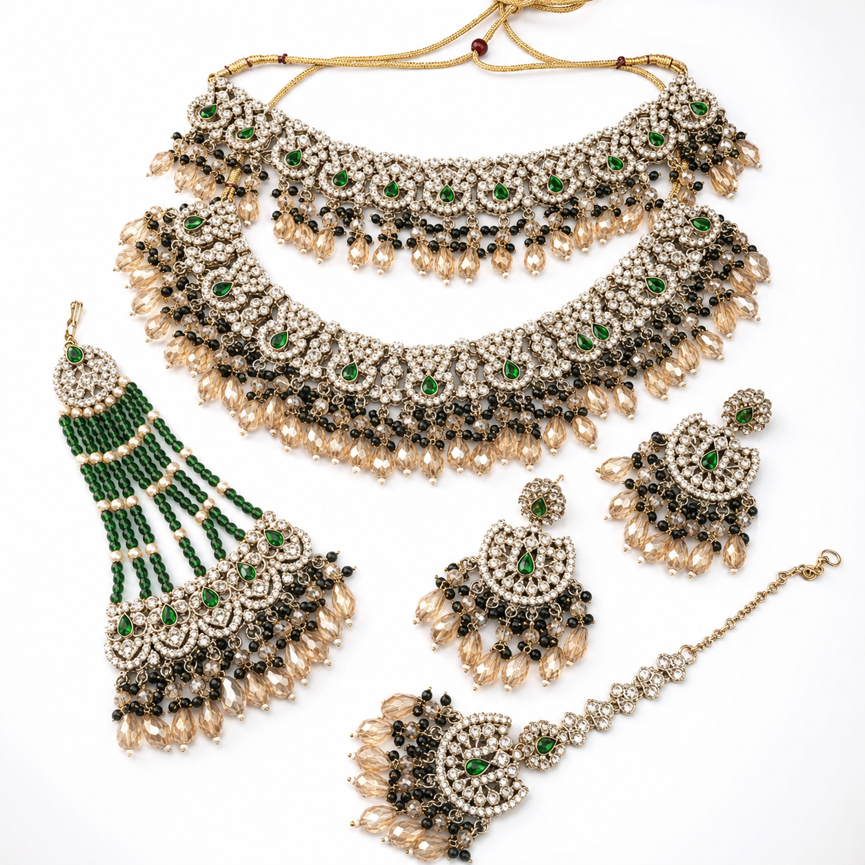 Ethnic High Quality Copper Bridal Engagement Fashion Set Rhodium Plated Zircon Shadow Choker Necklace Earrings Maang Tikka Jovera Joyce