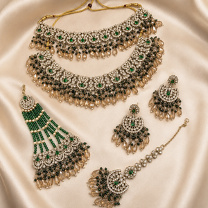 Ethnic High Quality Copper Bridal Engagement Fashion Set Rhodium Plated Zircon Shadow Choker Necklace Earrings Maang Tikka Jovera Joyce