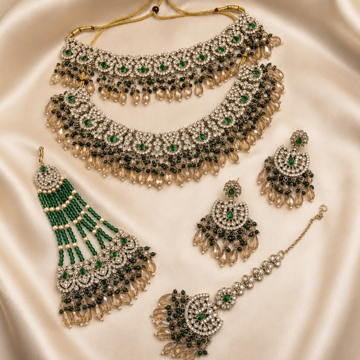 Ethnic High Quality Copper Bridal Engagement Fashion Set Rhodium Plated Zircon Shadow Choker Necklace Earrings Maang Tikka Jovera Joyce